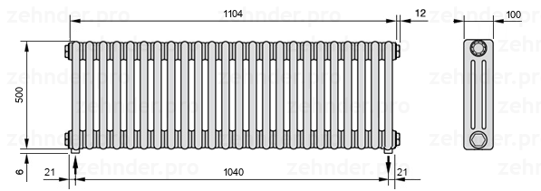 Схема (чертеж) Радиатор Zehnder Charleston 3050/24 №3570 Белый глянцевый RAL 9016